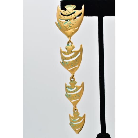 Givenchy Vintage Fish Clip On Earrings Brushed Gold Chunky Signed 1980s BinBF - Picture 6 of 12